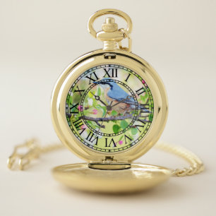 Blue spring bird pocket watch
