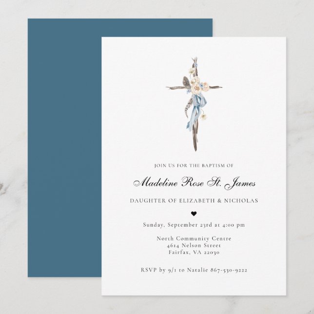 Blue Spring Blooms | Floral Cross Baptism Invitation (Front/Back)