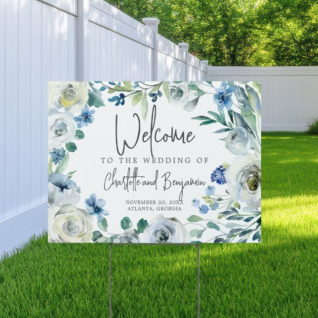 Blue Spring Floral Chic Wedding Welcome Yard Sign (Creator Uploaded)