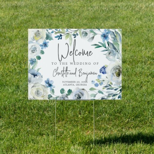 Blue Spring Floral Chic Wedding Welcome Yard Sign