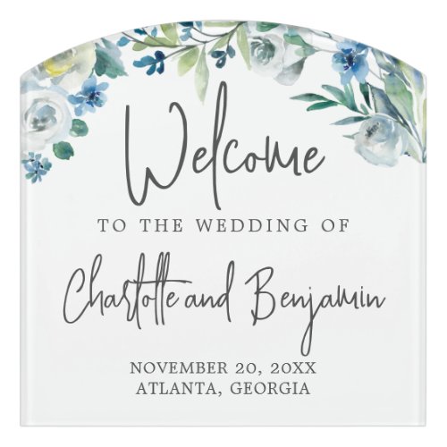 Blue Spring Floral Chic Welcome to Our Wedding Door Sign