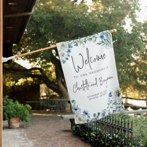 Blue Spring Floral Chic Welcome to Our Wedding House Flag