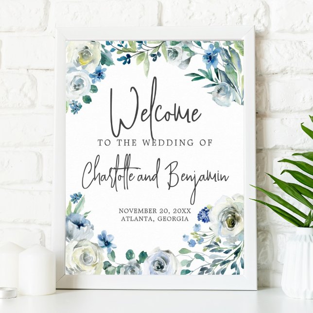 Blue Spring Floral Chic Welcome to Our Wedding Poster (Creator Uploaded)