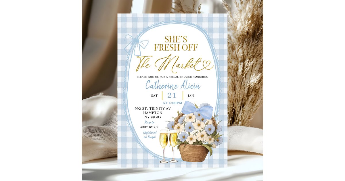 Blue Spring Invitations Blue Spring Floral Gingham Coquette Bridal Shower Invitation | Zazzle
