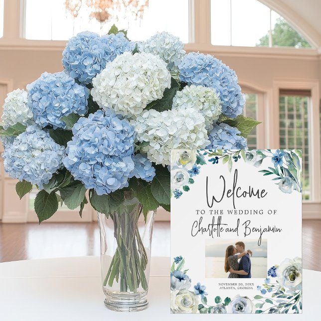 Blue Spring Floral Photo Welcome to Our Wedding Foam Board (Creator Uploaded)