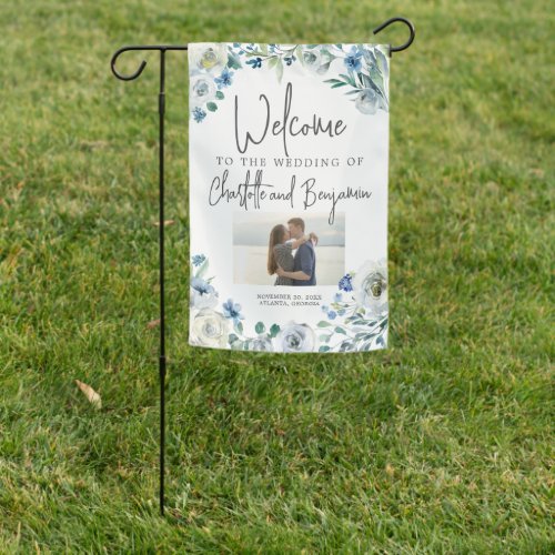 Blue Spring Floral Photo Welcome to Our Wedding Garden Flag