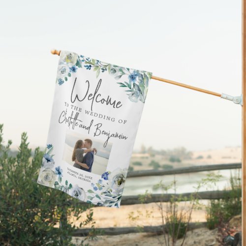Blue Spring Floral Photo Welcome to Our Wedding House Flag
