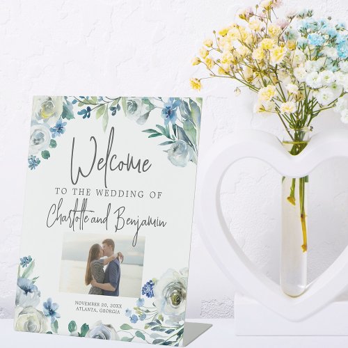Blue Spring Floral Photo Welcome to Our Wedding Pedestal Sign