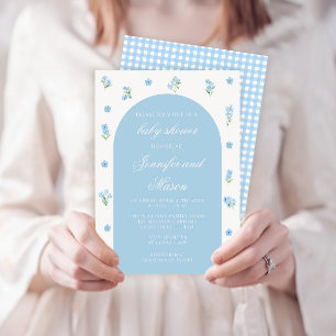Blue spring flower boho arch baby boy shower invitation