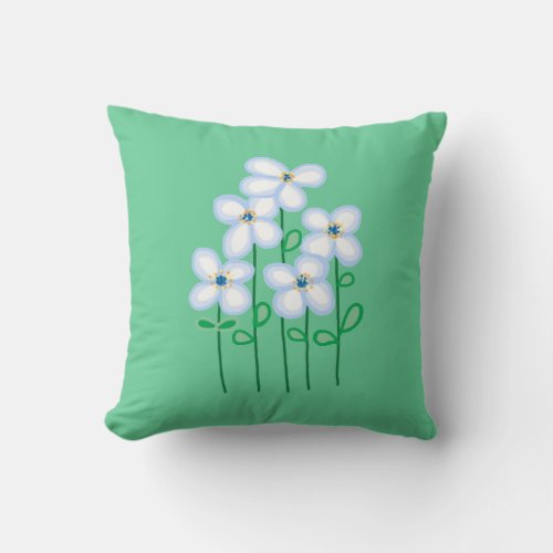 Blue spring flowers on mint green background throw pillow