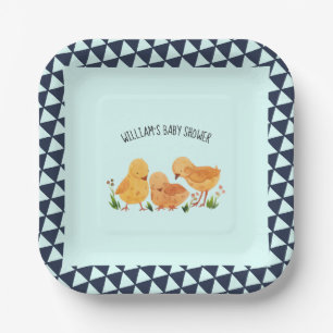 Blue Spring Little Chicken Family Boy Baby Shower Paper Plates