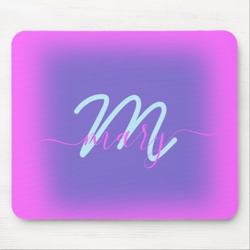 Blue Spring Summer Pink Minimal Name Monogram Mouse Pad