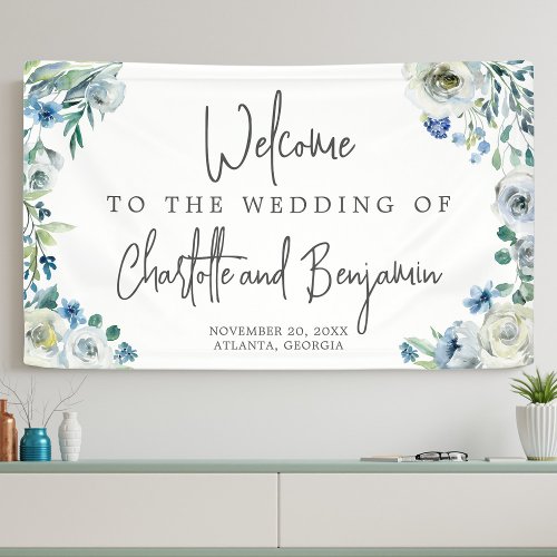 Blue Spring Watercolor Floral Chic Wedding Welcome Banner