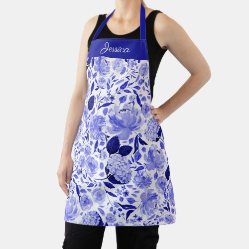 Blue Spring Watercolor Floral Pattern Apron Name