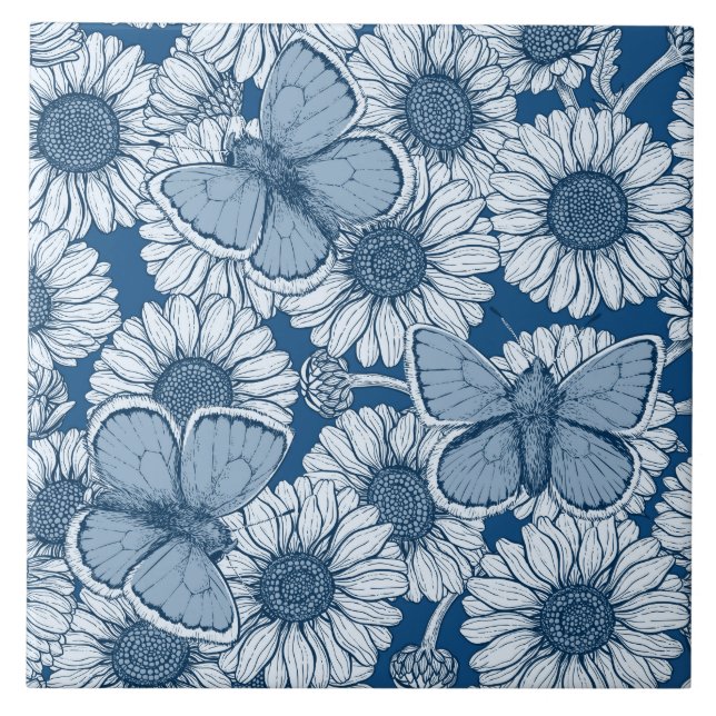 Blue spring, wild flowers, daisies ceramic tile (Front)