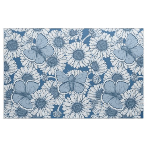 Blue spring, wild flowers, daisies fabric