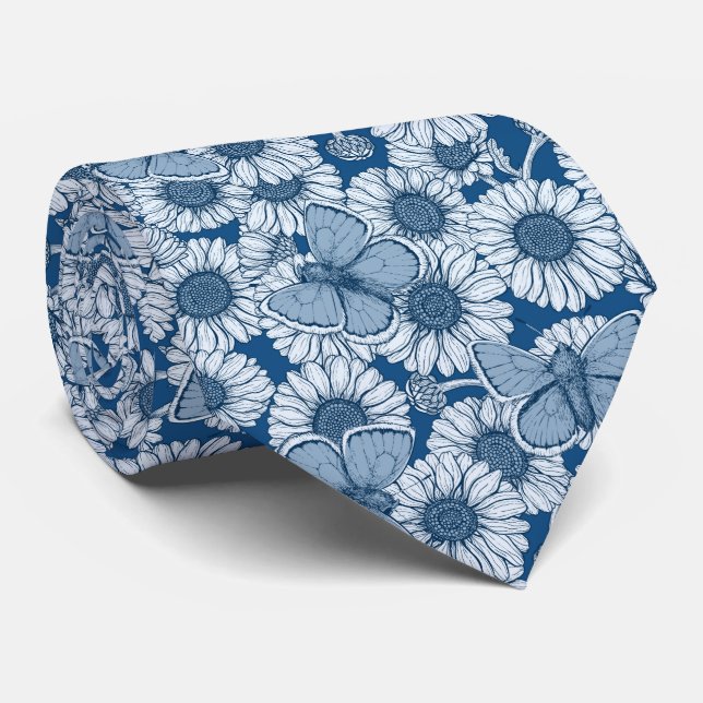 Blue spring, wild flowers, daisies neck tie (Rolled)