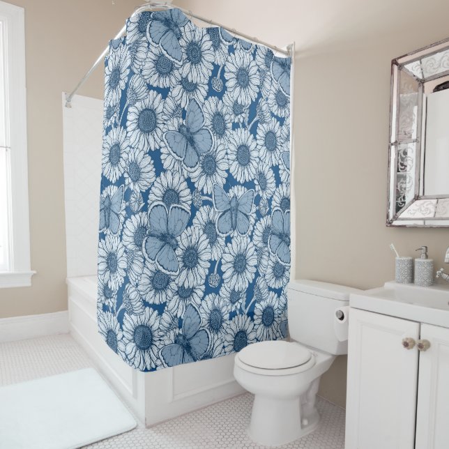 Blue spring, wild flowers, daisies shower curtain (In Situ)