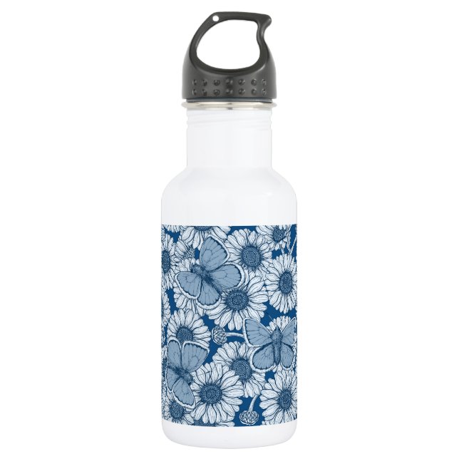 Blue spring, wild flowers, daisies stainless steel water bottle (Front)