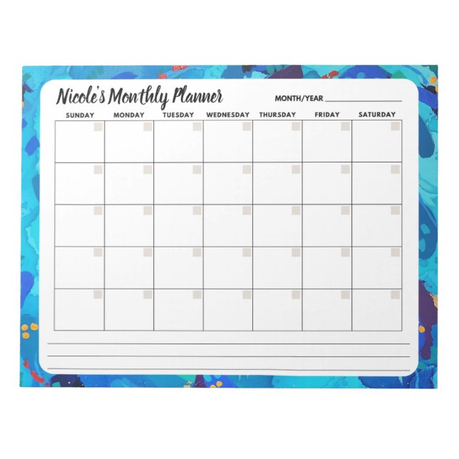 Blue Sprinkle Abstract Monthly Calendar Notepad  (Front)