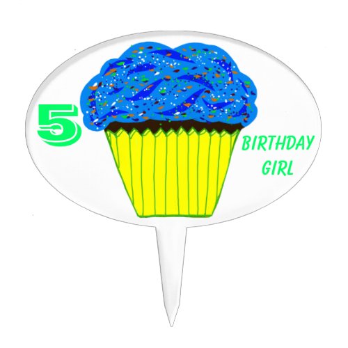 Blue Sprinkled Cupcake 5th Birthday Cake Pick