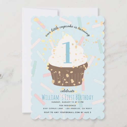 Blue Sprinkles Cupcake Birthday Invitation