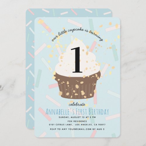 Blue Sprinkles Cupcake Birthday Invitation