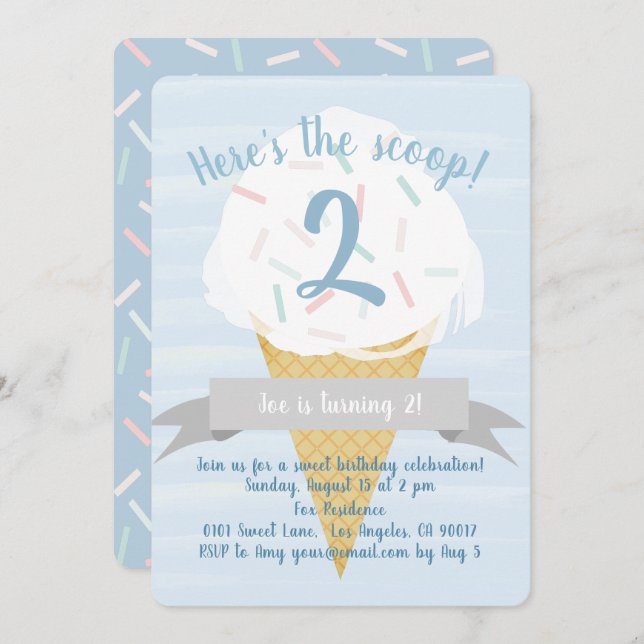Blue Sprinkles Ice Cream Birthday Invitation (Front/Back)