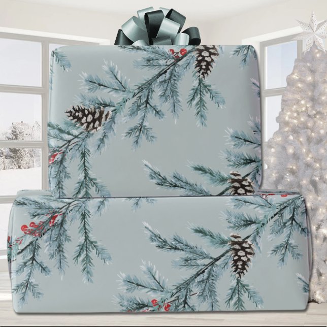 Blue Spruce Cones Red Ilex Berries Garland Spruce Wrapping Paper (Creator Uploaded)