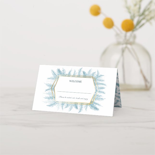 Blue spruce evergreen wedding guest place cards (Front)
