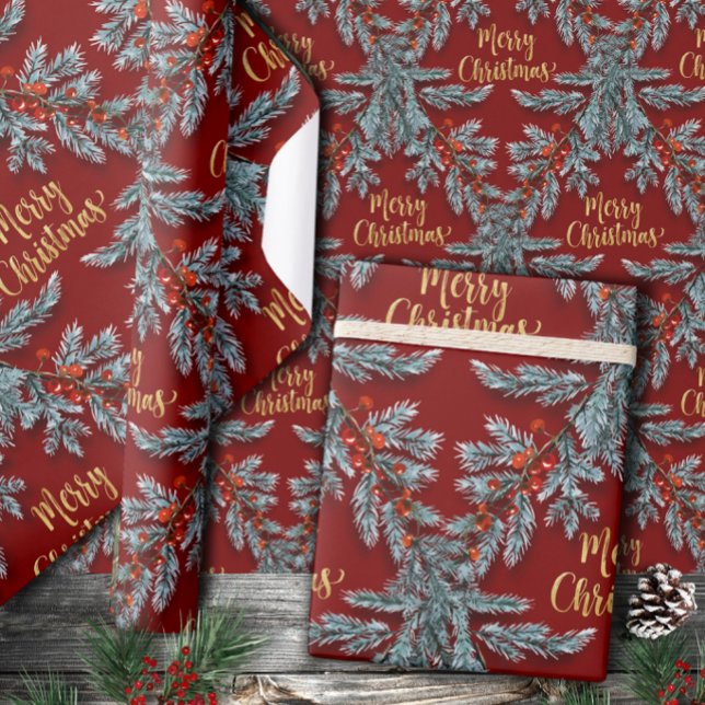 Blue Spruce Red Berries Gold Merry Christmas Wrapping Paper (Creator Uploaded)