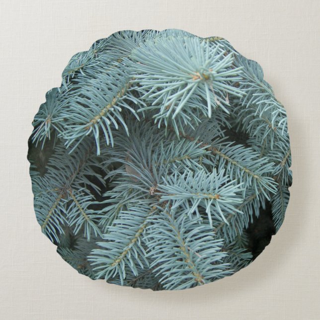 Blue spruce tree gray green rustic round pillow (Front)