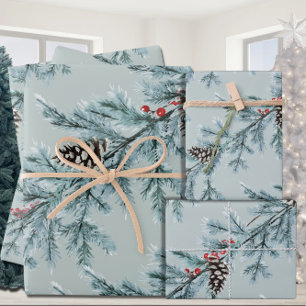 Blue Spruce White Cones Red Berries Garland Wrapping Paper Sheets
