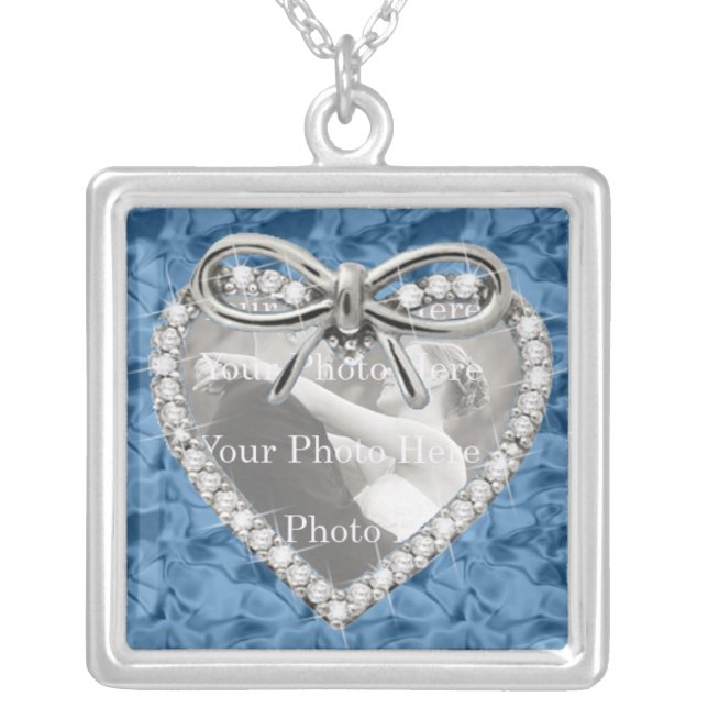 Blue Square Diamond Heart Frame Necklace (Front)