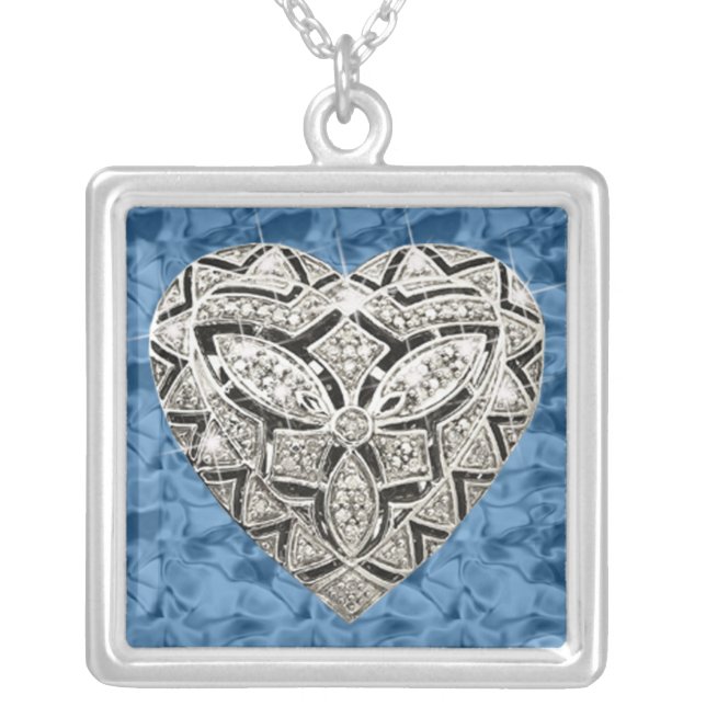 Blue Square Elegant Designer Heart Necklace (Front)