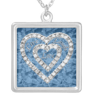 Blue Square Live Laugh Love Diamond Heart Necklace