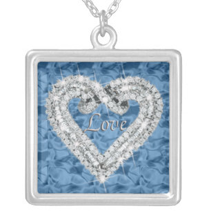 Blue Square Love Diamond Heart Necklace