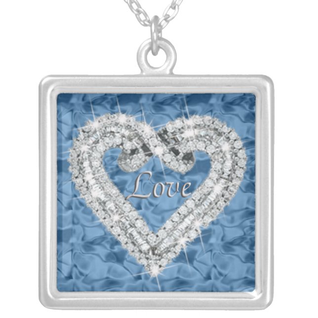 Blue Square Love Diamond Heart Necklace (Front)