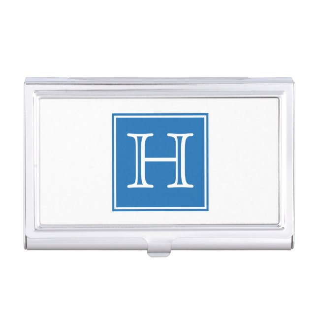Blue Square Monogram Business Card Holder (Front)