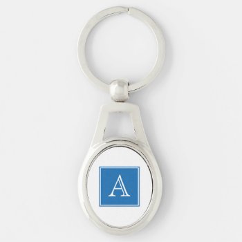 Blue Square Monogram Metal Keychain by trendythings at Zazzle