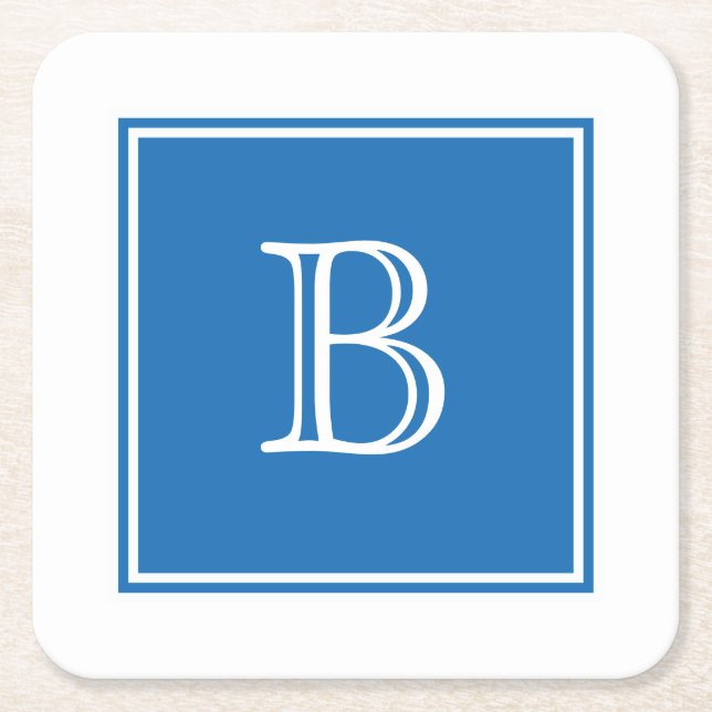 Blue Square Monogram Paper Coaster (Front)