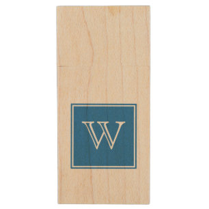 Blue Square Monogram Wood USB Flash Drive