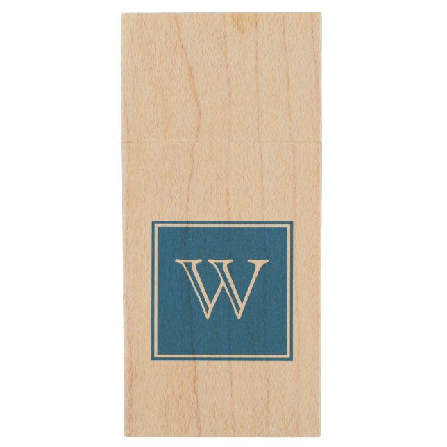 Blue Square Monogram Wood USB Flash Drive (Front Vertical)
