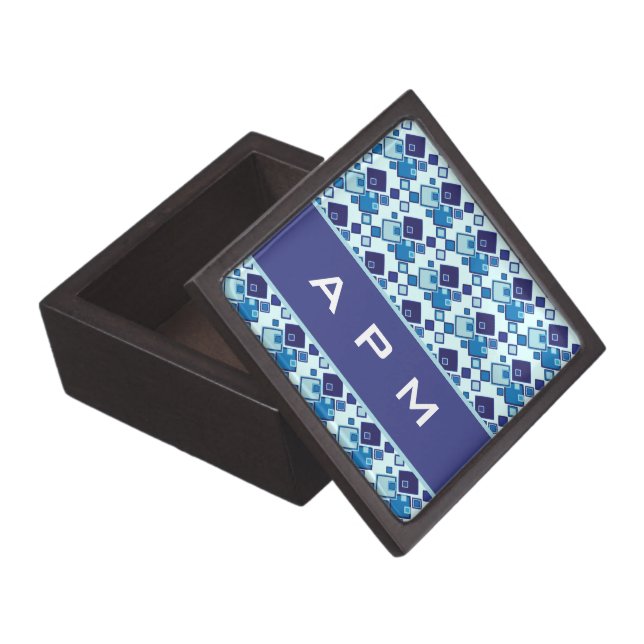 Blue Squares Geometric Pattern Monogram Gift Box (Opened)