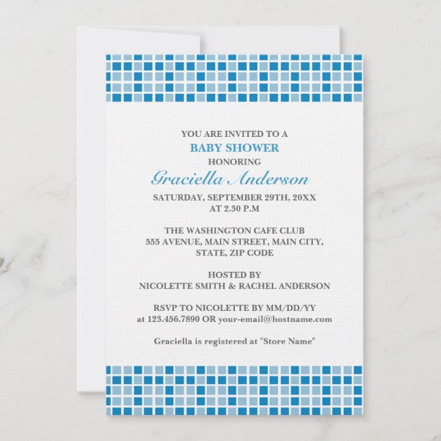 Blue Squares Pattern Baby Shower Invitation (Front)