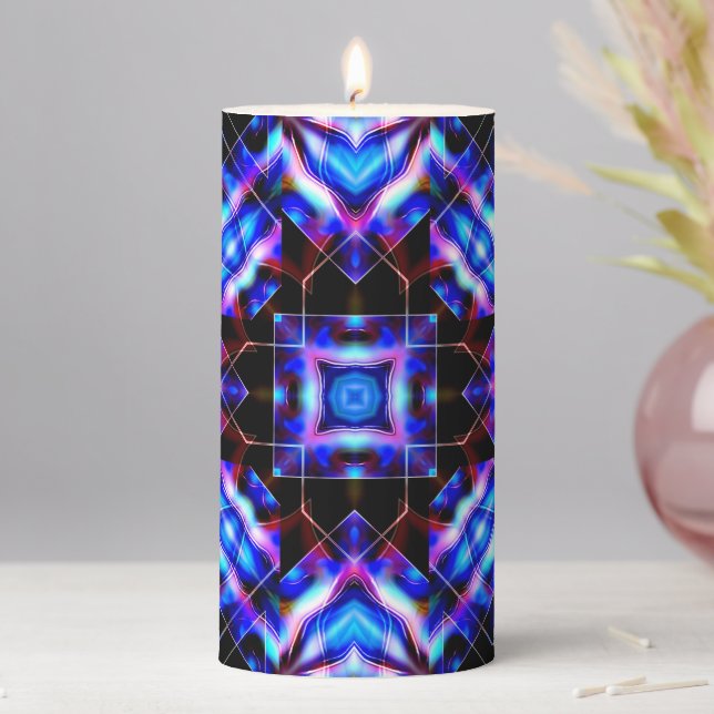 Blue squares with gradient acrylic style, on dark  pillar candle (In Situ)