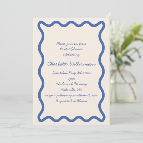 Blue Squiggle Wavy Border Bridal Shower Party Invitation