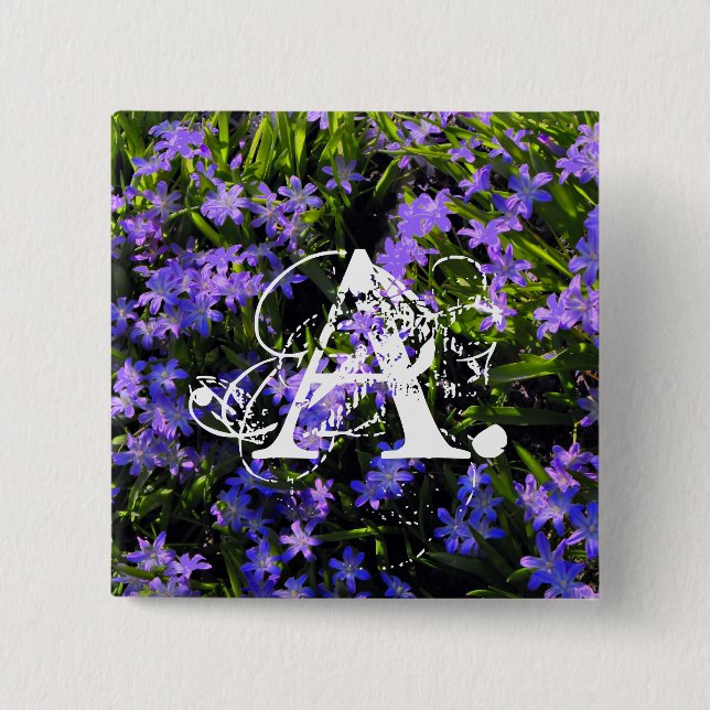 Blue Squill Spring Flowers and your monogram Button (Front)