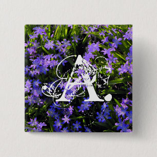 Blue Squill Spring Flowers and your monogram Button