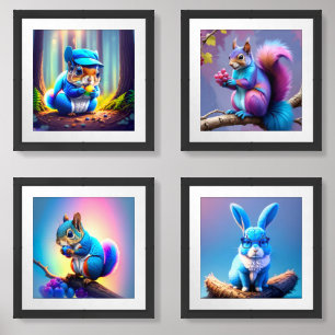 Blue Squirrel on the Branch  Wall Art Sets